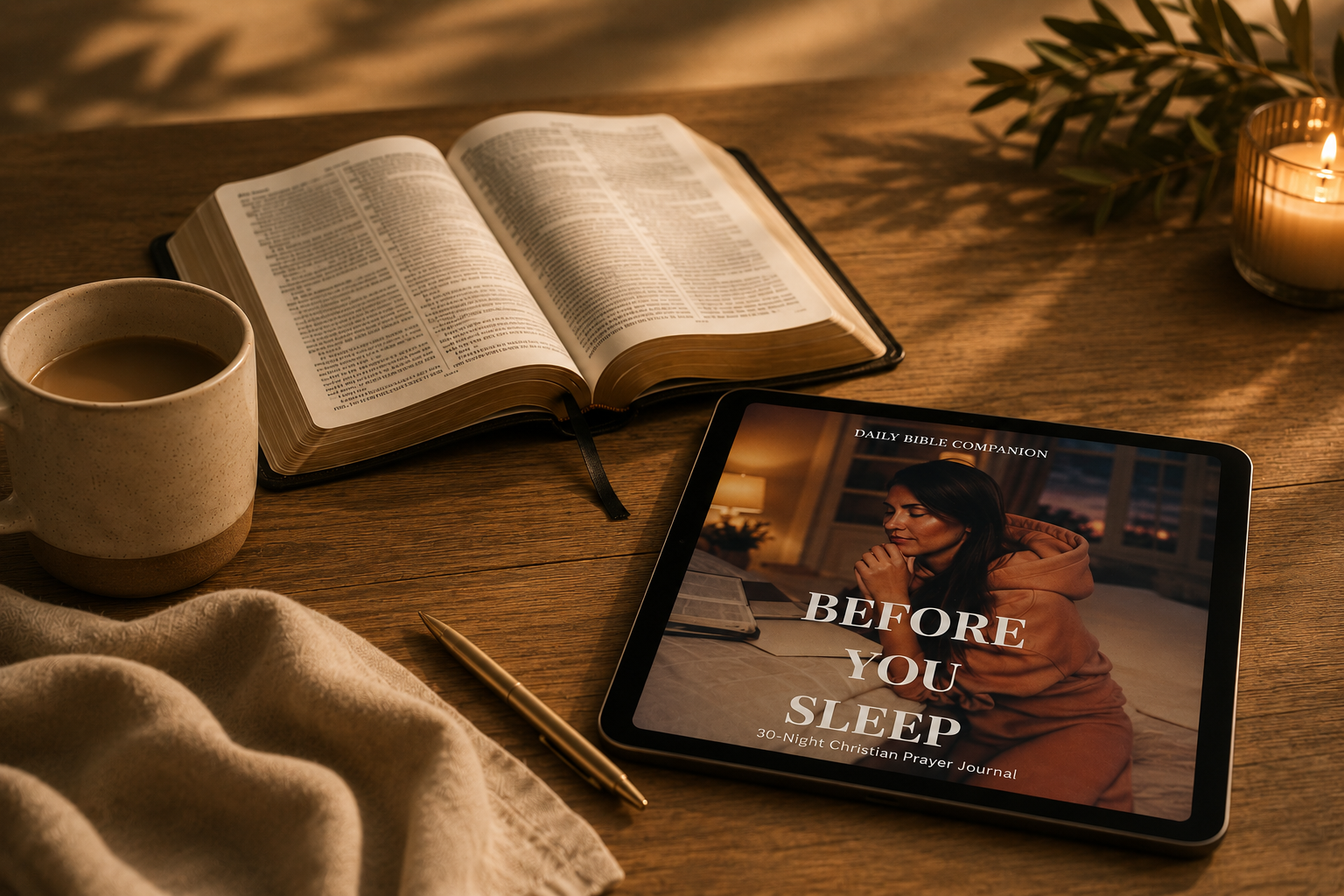 Before You Sleep Christian Prayer Journal digital download displayed on an iPad beside an open Bible, warm coffee, candle, and linen on a wooden table, creating a peaceful evening devotional setting by Daily Bible Companion.