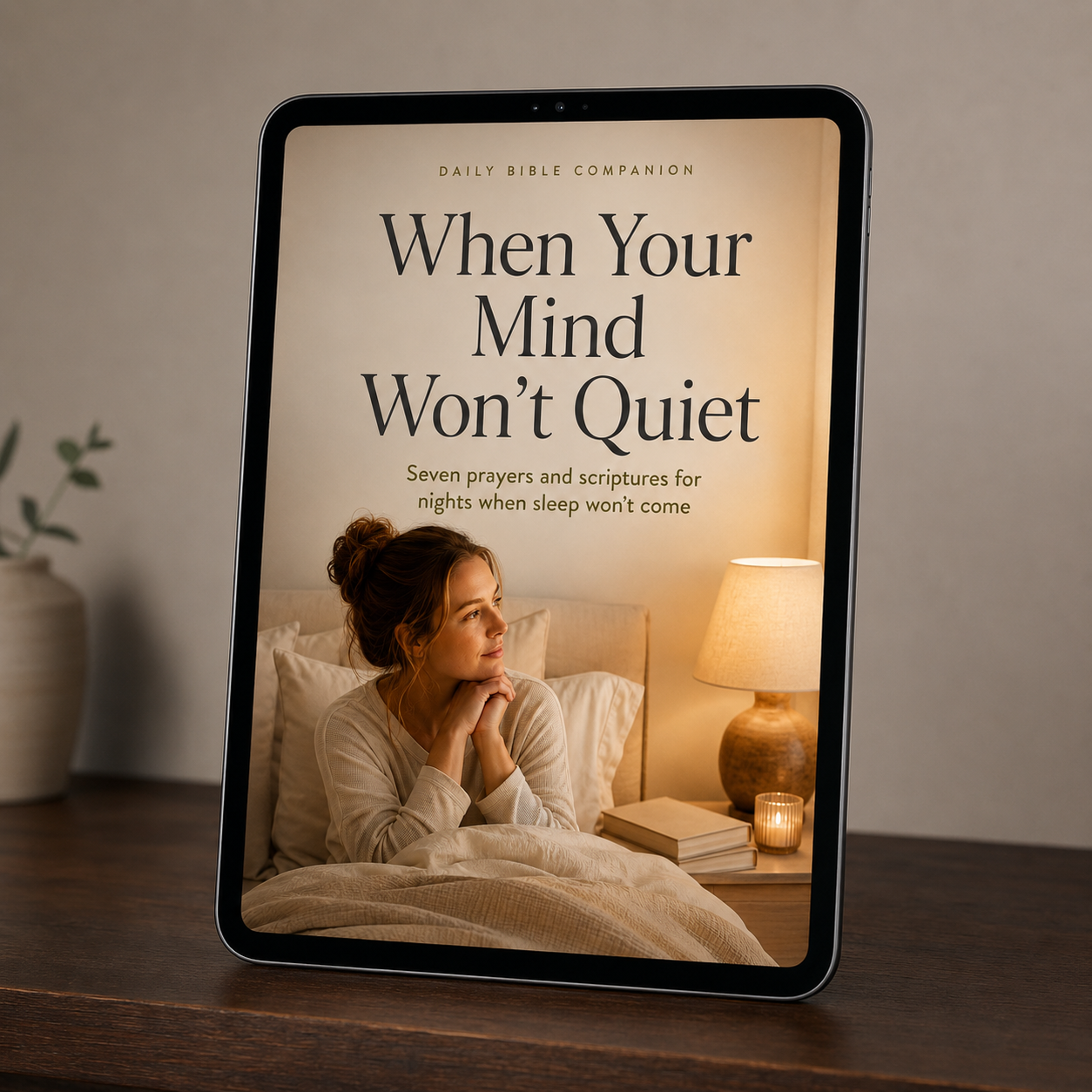 When Your Mind Won’t Quiet digital prayer guide displayed on a tablet mockup on a wooden desk for a Shopify product listing