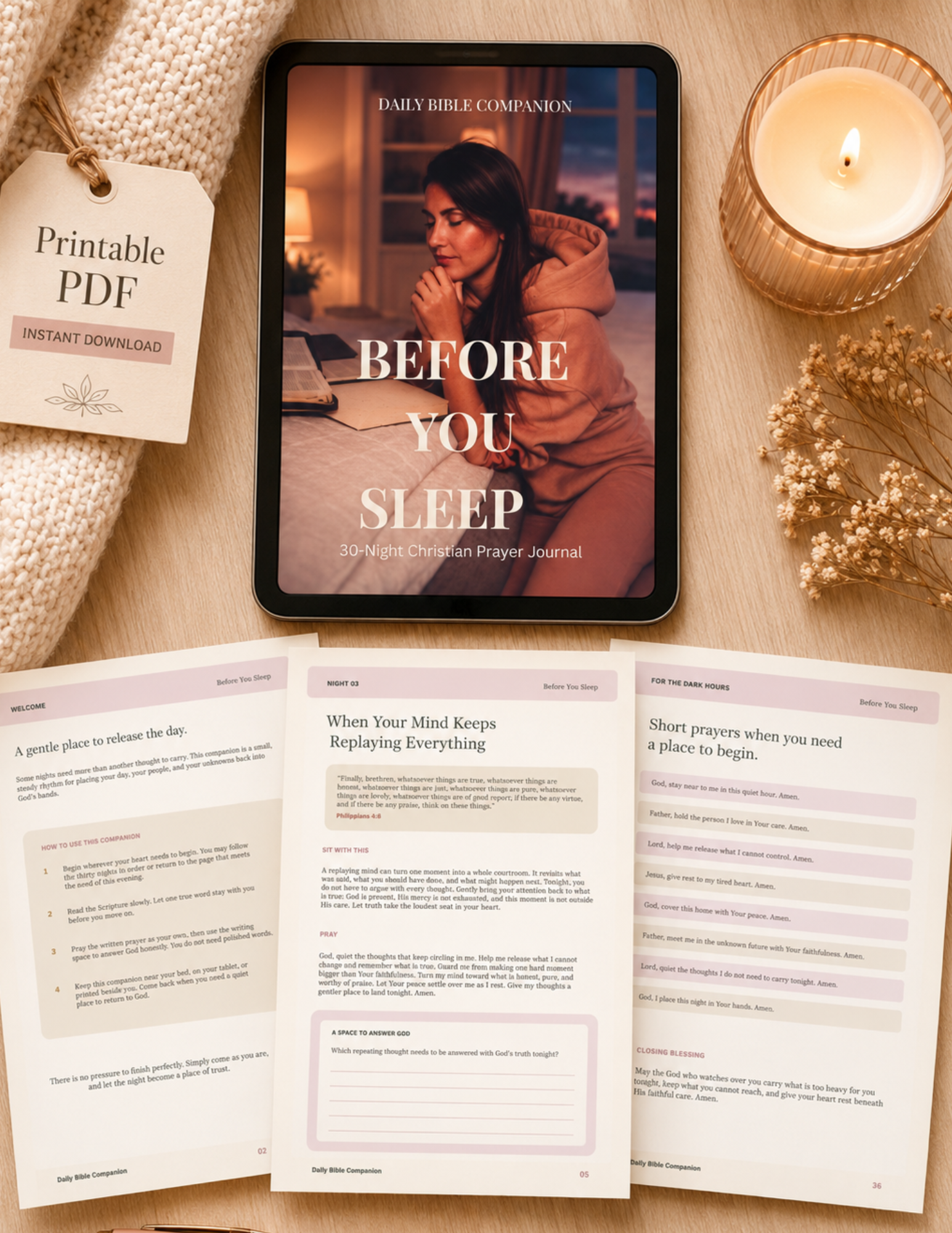 Printable bedtime prayer journal interior page with KJV Scripture