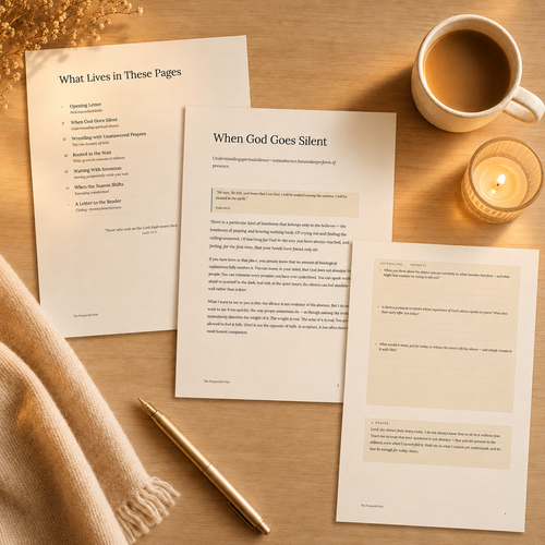 The Purposeful Wait Christian PDF guide preview pages with scripture reflections, journaling prompts, and prayer displayed on a warm wooden desk with candlelight.