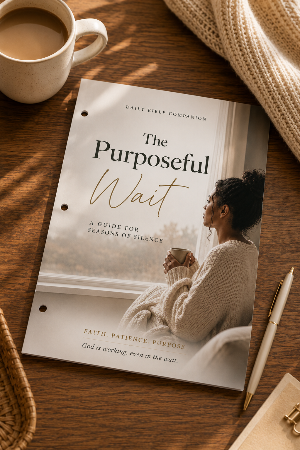 The Purposeful Wait digital Christian prayer guide displayed on a tablet in a cozy wooden desk setting with coffee and knit blanket.